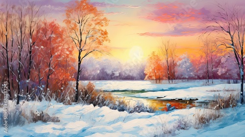 Winter landscape in watercolor, capturing snow-draped grass and a forest with a flowing river, painted in the serene light of the morning sun.