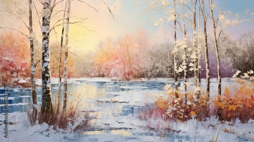 Watercolor painting of a winter landscape, with snow-covered grass and a forest featuring a flowing river, captured in the morning light as the sun rises.
