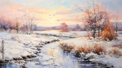 Scenic watercolor painting of a winter landscape, showcasing snow-covered grass and a forest with a gently flowing river, illuminated by the morning sun.