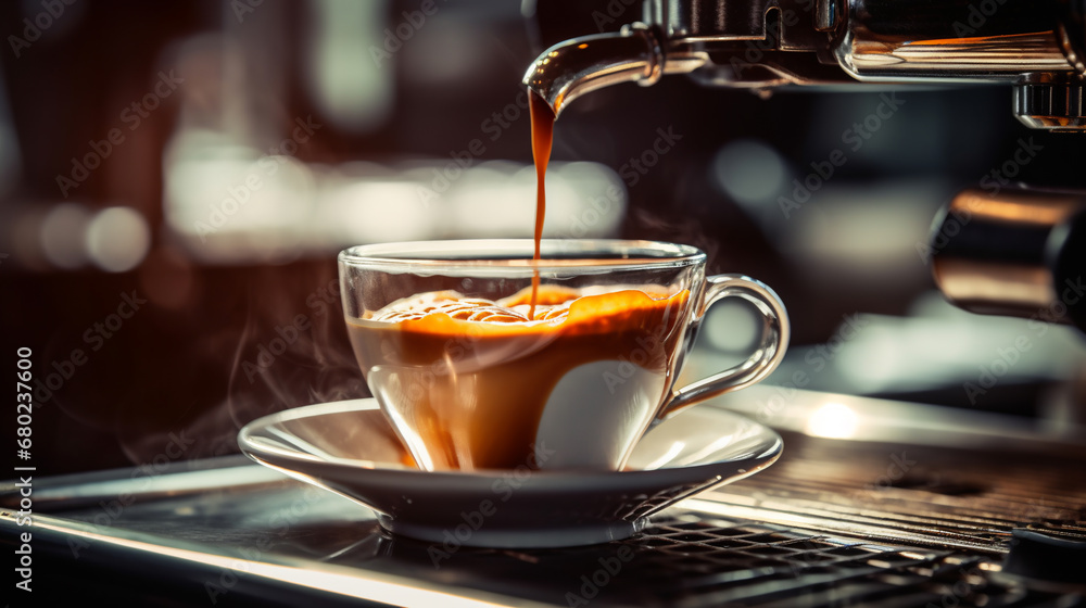 Espresso pouring from coffee machine to cup. ai generative Espresso pouring from coffee machine to cup. ai generative