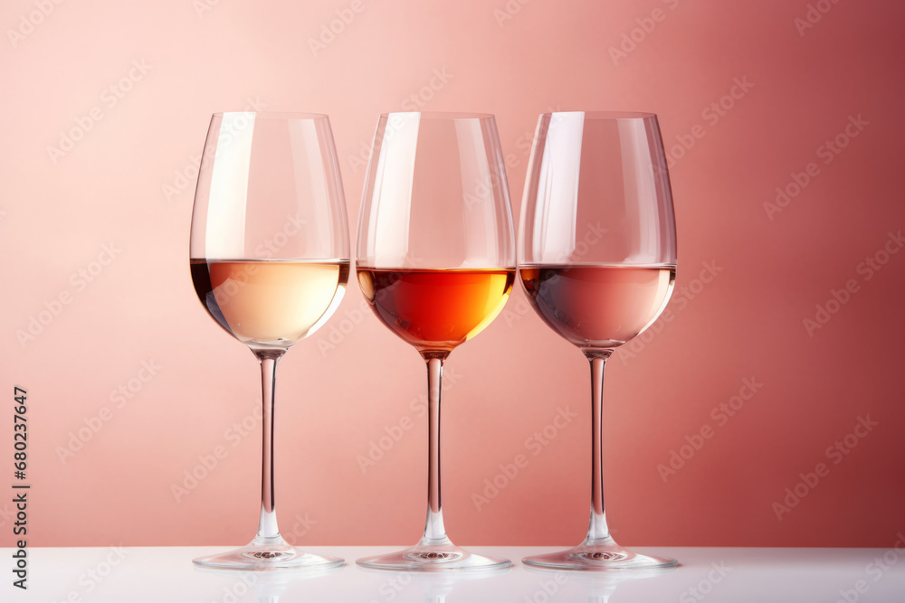 Three wine glasses containing white rose and red wine on pastel background. Generative AI Three wine glasses containing white rose and red wine on pastel background. Generative AI