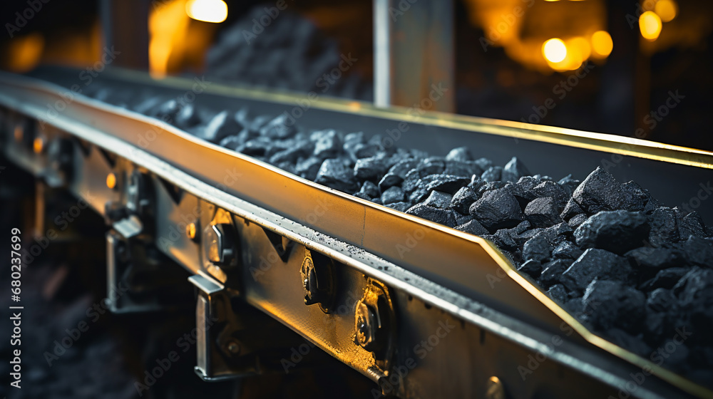 extracted rock materials on a conveyor belt. mining industry. Generative AI - obrazy, fototapety, plakaty 