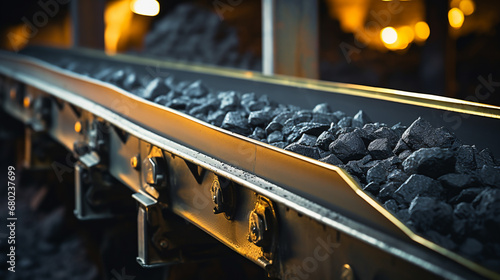 extracted rock materials on a conveyor belt. mining industry. Generative AI photo