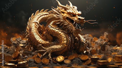 Chinese golden dragon with gold coins. ai generative