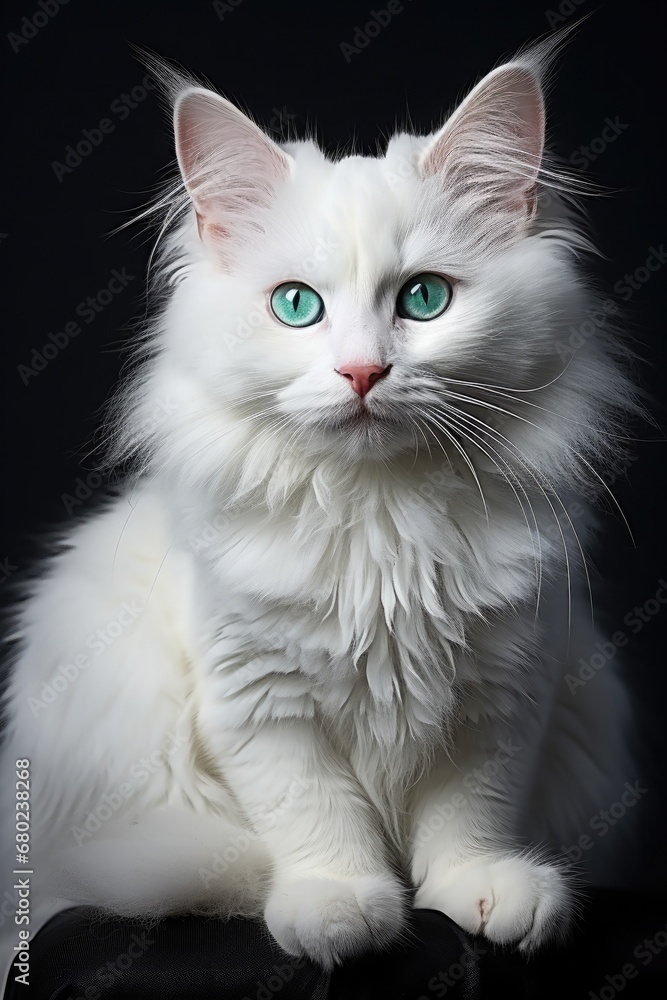 Portrait of a majestic white longhair cat with striking green eyes.