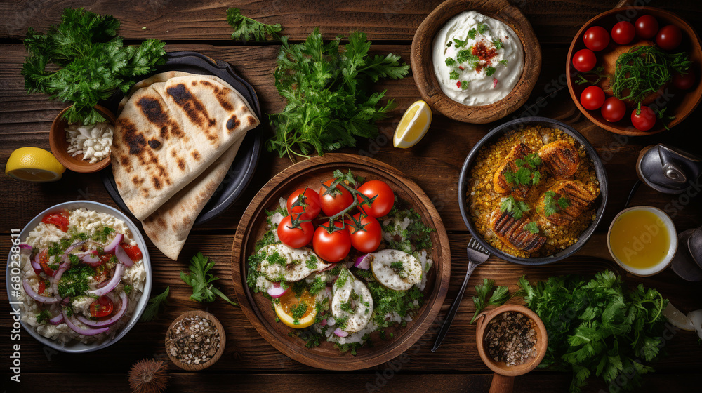 salad, meze, pie, fish, tzatziki, dolma on a wooden background. ai generative salad, meze, pie, fish, tzatziki, dolma on a wooden background. ai generative