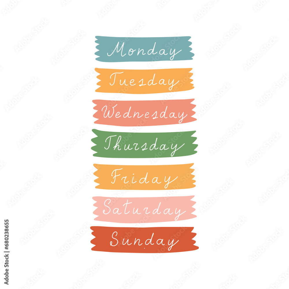 Cute cursive hand written days of the week stickers for weekly planner. Colourful days of the week lettering in warm tones. Boho style days of the week typography set, font for daily organiser, diary. - obrazy, fototapety, plakaty 