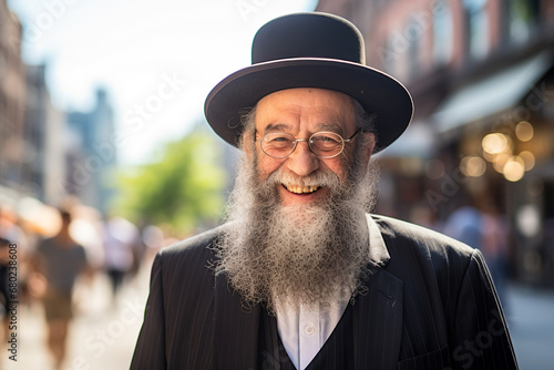 Jewish rabbi aged man smiles while standing on the street. ai generative photo