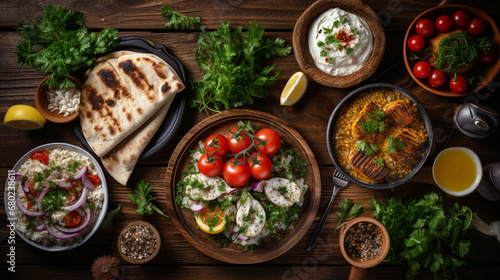 salad, meze, pie, fish, tzatziki, dolma on a wooden background. ai generative photo