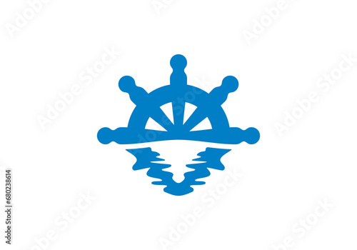 ship steering wheel and sea wave logo design vector illustration