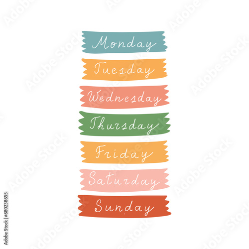 Cute cursive hand written days of the week stickers for weekly planner. Colourful days of the week lettering in warm tones. Boho style days of the week typography set, font for daily organiser, diary.