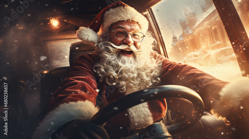 Portrait of Santa Claus driving a car. ai generative