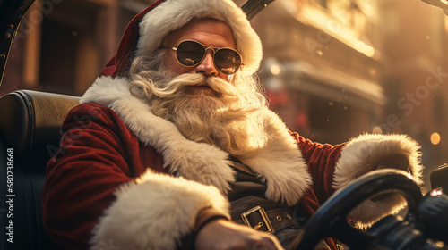 Portrait of Santa Claus driving a car. ai generative