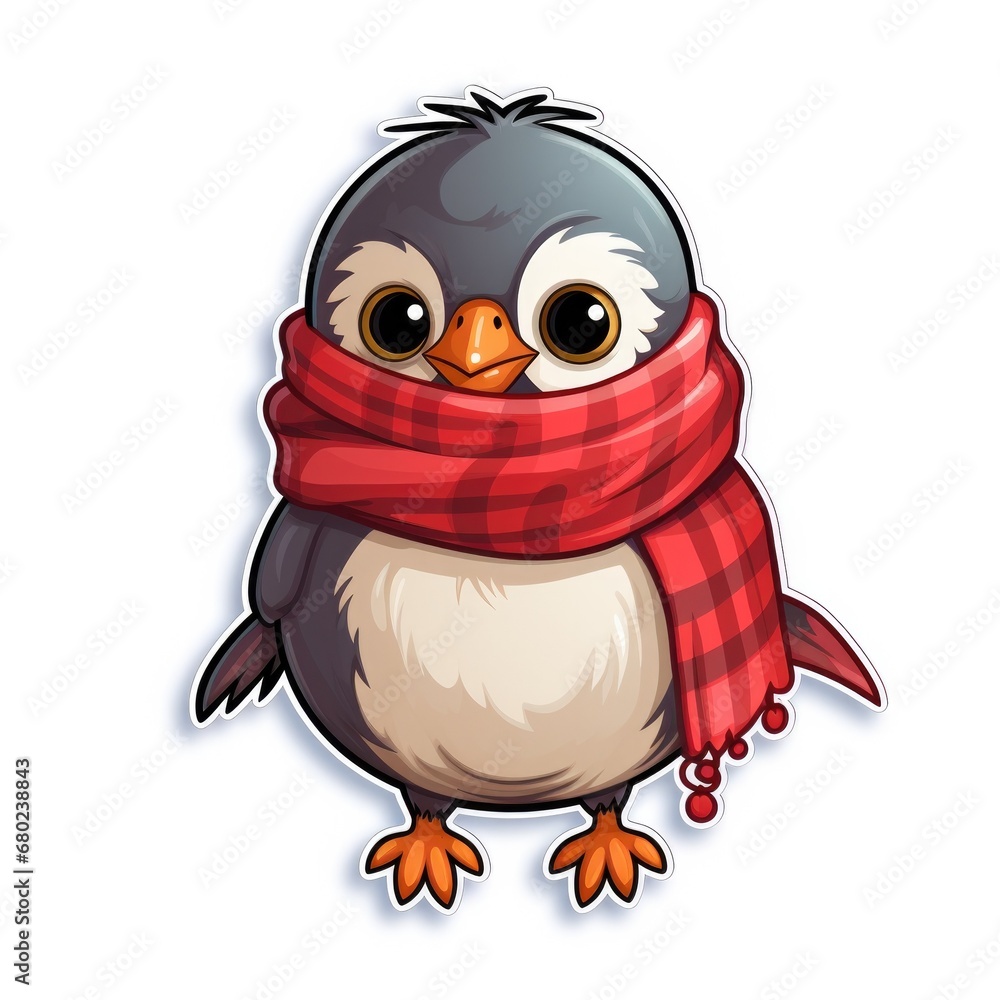 Cute Cartoon Christmas Bird with a Red Scarf  Illustration Sticker Isolated on a White Background
