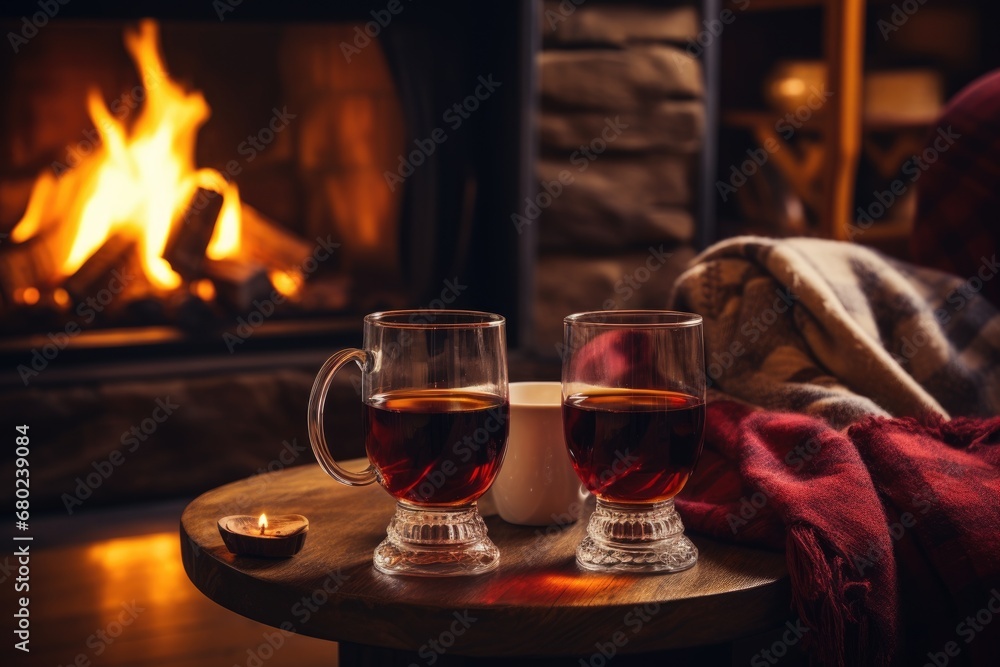 Two glasses of glintwine on the table by fireplace