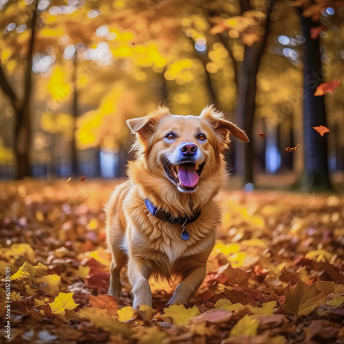 Beautiful cute dog runs through autumn leaves in autumn