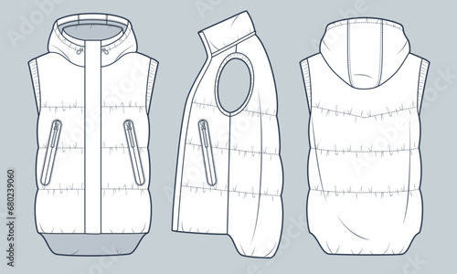 Puffer Vest technical fashion Illustration. Hooded down Vest, Waistcoat fashion flat technical drawing template, pockets, front, side and back view, white, women, men, unisex Jacket CAD mockup set.