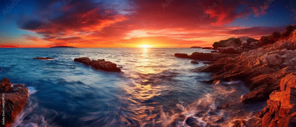 Beautiful seascape. Panoramic view of beautiful sunset over the sea
