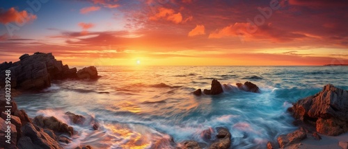 Beautiful seascape. Panoramic view of beautiful sunset over the sea
