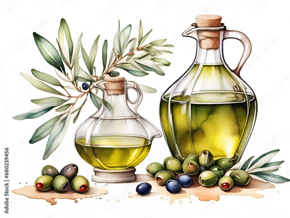 Bottles of fresh extra virgin olive oil and green olives with leaves. Watercolor illustration Bottles of fresh extra virgin olive oil and green olives with leaves. Watercolor illustration