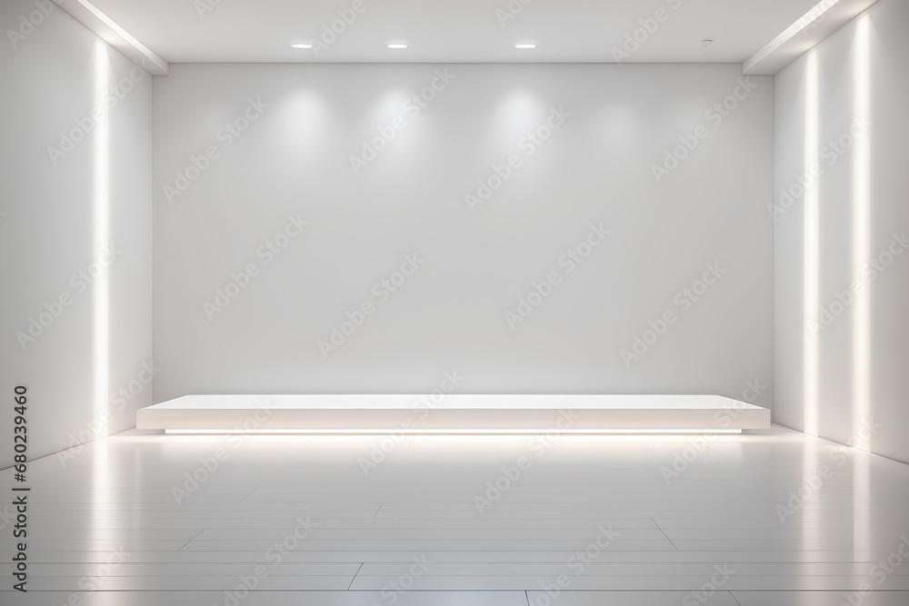 Fototapeta premium Empty light room with white podium for product presentation. Show cosmetic product on stage pedestal or platform