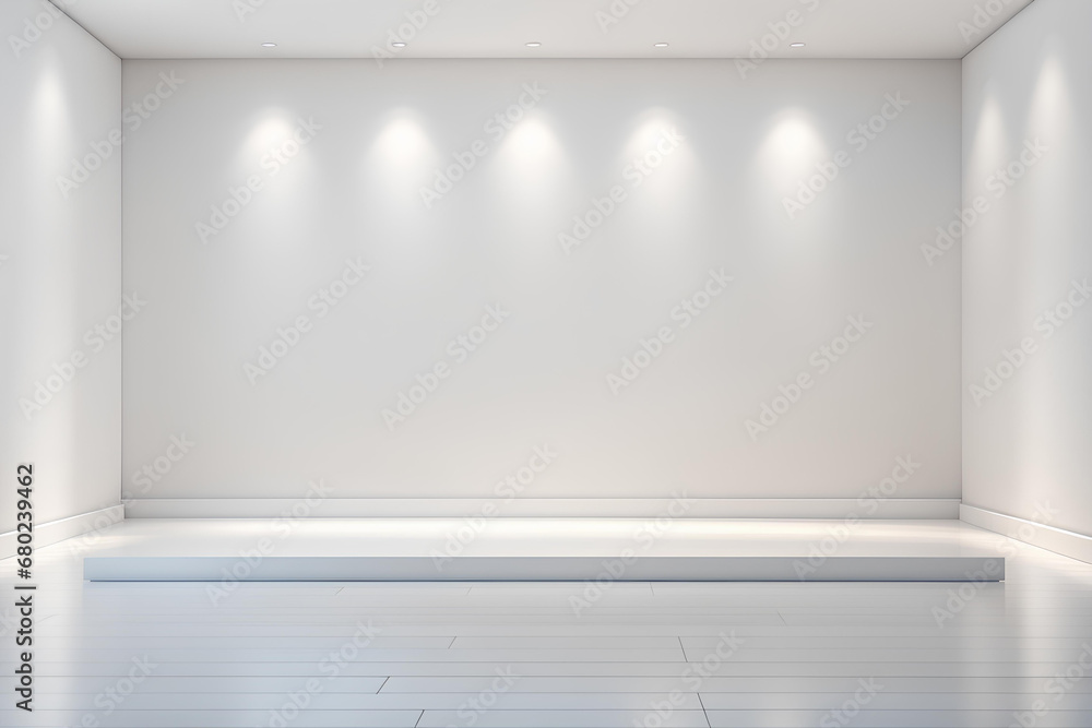 © Logvin art - Empty light room with white podium for product presentation. Show cosmetic product on stage pedestal or platform