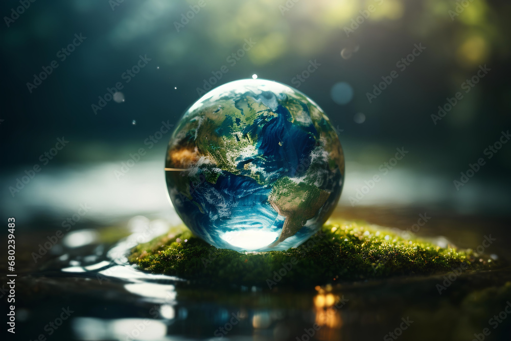 Planet earth in a glass ball on a mossy background. Environment conservation concept. - obrazy, fototapety, plakaty 
