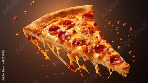 Modelo com deliciosa fatia saborosa de pizza voando 