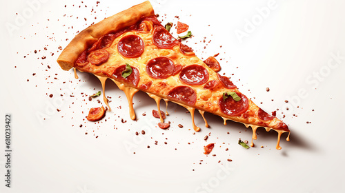 Modelo com deliciosa fatia saborosa de pizza voando sobre fundo branco