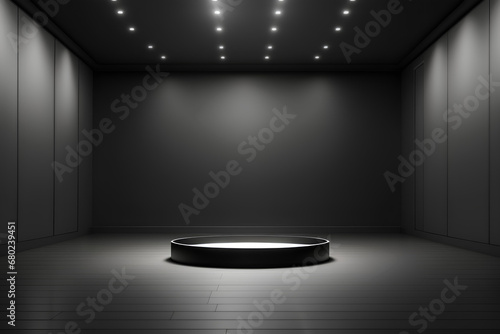 Empty dark room with black podium for product presentation. Show cosmetic product on stage pedestal or platform