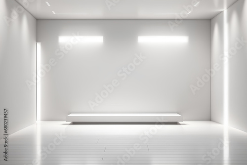 Empty light room with white podium for product presentation. Show cosmetic product on stage pedestal or platform