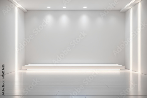 Empty light room with white podium for product presentation. Show cosmetic product on stage pedestal or platform