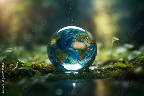 Planet earth in a glass ball on a mossy background. Environment conservation concept.