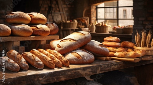 Different bread loaves and baguettes on bakery shop photography