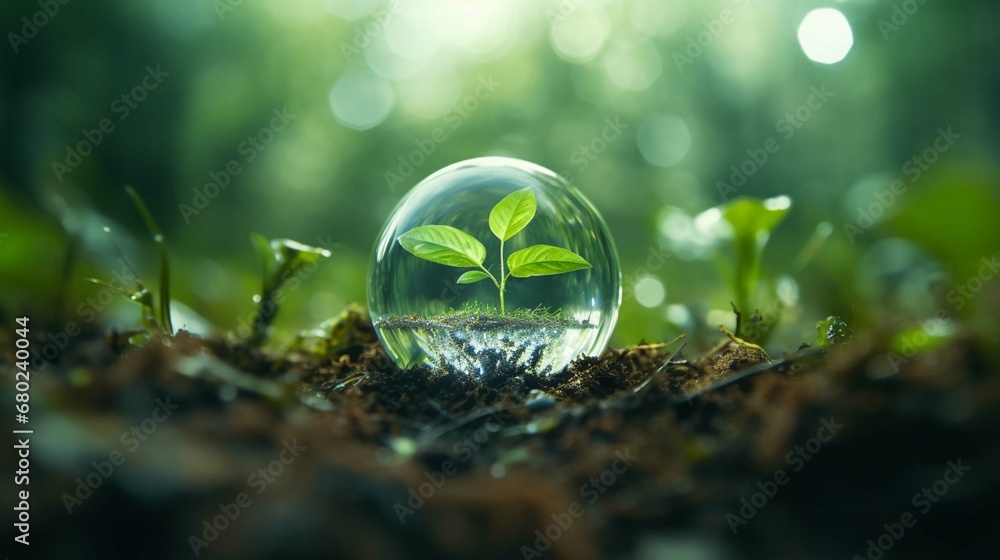 Green natural environment background for earth day concept with plant seed in the forest growing on the planet and water around it photography - obrazy, fototapety, plakaty 