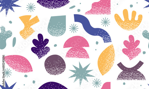Seamless pattern with collection of abstract graphic shapes with noisy gradient effect. Colorful shapes and objects. Elements of minimalism in style of modern art. Minimalist elements in the style