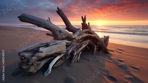  Driftwood lying on sandy coastal beach at sunset photography photo