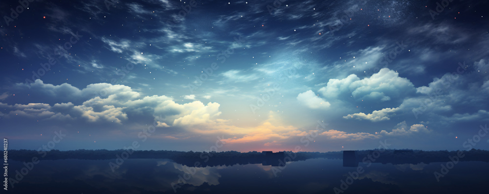 Dawn's early light breaking through a clouded sky over a tranquil lake. Atmospheric nature scene. Design for backdrop, banner, or meditation poster with free space for text