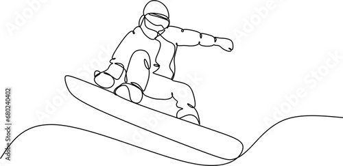 Continuous line of skiing and snowboarding.Illustration shows a athlete performs a jump from a springboard to ski. Ski jumping. Vector illustration