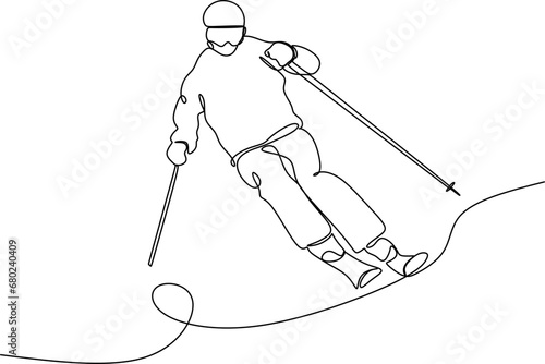 Continuous line of skiing and snowboarding.Illustration shows a athlete performs a jump from a springboard to ski. Ski jumping. Vector illustration
