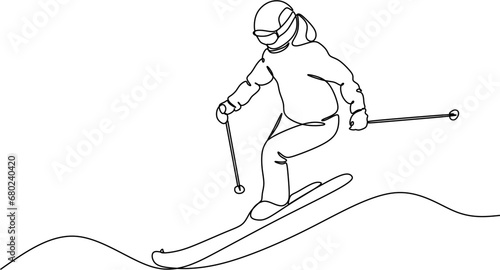 Continuous line of skiing and snowboarding.Illustration shows a athlete performs a jump from a springboard to ski. Ski jumping. Vector illustration