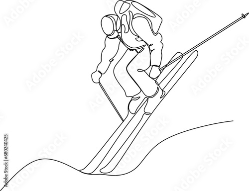 Continuous line of skiing and snowboarding.Illustration shows a athlete performs a jump from a springboard to ski. Ski jumping. Vector illustration