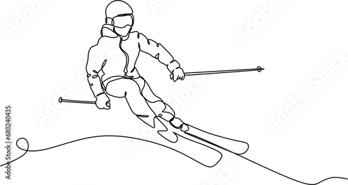 Continuous line of skiing and snowboarding.Illustration shows a athlete performs a jump from a springboard to ski. Ski jumping. Vector illustration