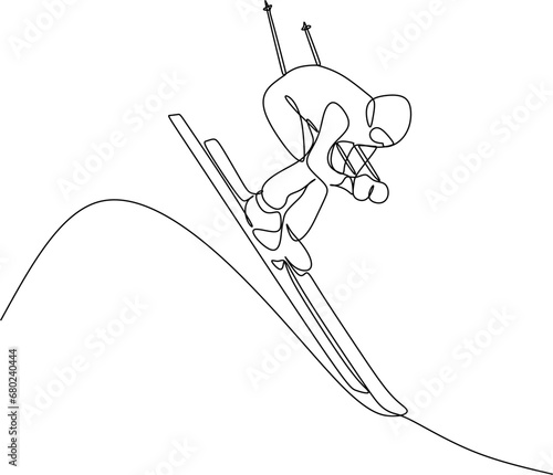 Continuous line of skiing and snowboarding.Illustration shows a athlete performs a jump from a springboard to ski. Ski jumping. Vector illustration