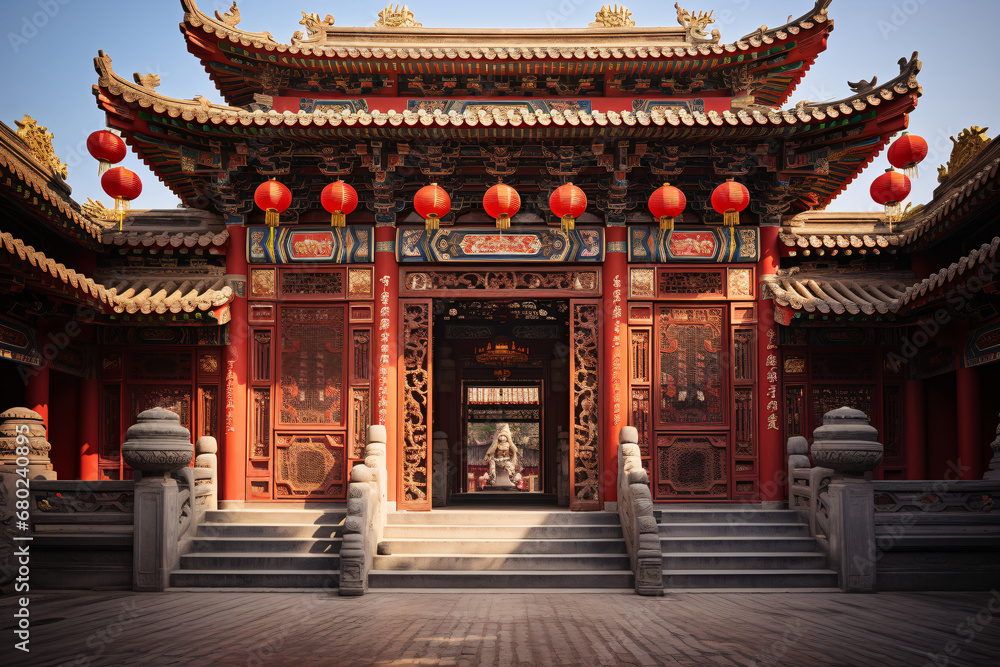 Traditional red lanterns adorning ancient temple facade. Chinese New Year celebration. Cultural architecture and festivities. Design for event poster, travel banner, or backdrop - obrazy, fototapety, plakaty 