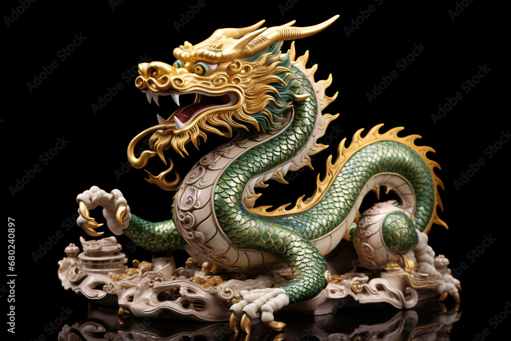 Obraz premium Gold and green Chinese dragon statue on black backdrop. Zodiac Symbol of 2024 Lunar New Year. Design for poster, greeting card, or banner