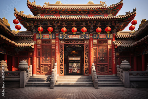 Traditional red lanterns adorning ancient temple facade. Chinese New Year celebration. Cultural architecture and festivities. Design for event poster, travel banner, or backdrop photo