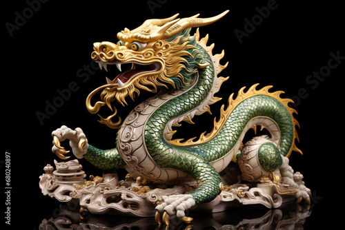 Gold and green Chinese dragon statue on black backdrop. Zodiac Symbol of 2024 Lunar New Year. Design for poster, greeting card, or banner © dreamdes