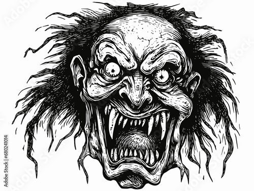 A Black And White Drawing Of A Scary Face - 1800s woodcut illustration of a vicious evil.