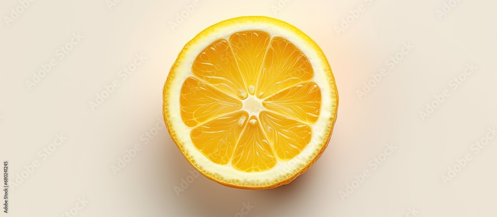 From a top view, the isolated slice of a ripe lemon, with its yellow peel glistening and wet, showcases the healthy and sour taste of this citrus fruit when enjoyed in food preparations. From a top view, the isolated slice of a ripe lemon, with its yellow peel glistening and wet, showcases the healthy and sour taste of this citrus fruit when enjoyed in food preparations.
